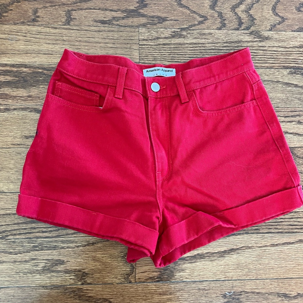 American Apparel Red High Waisted Stretch Bill Denim Shorts